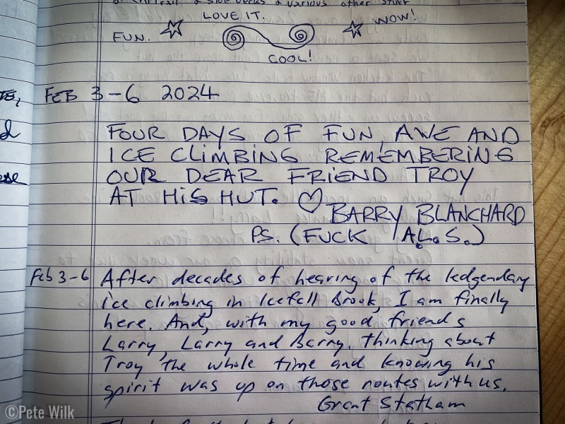 Barry Blanchard and Grant Stratham's notes in the guest book from a month prior.