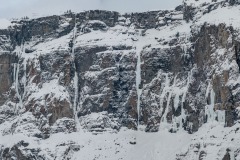 The routes we did later in the week are two on the far right.  Nate and Case did a few pitches of the route in the center with the narrow start.  For reference that route would be around 250m tall.