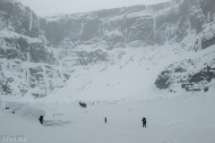 From the cabin to the back of the canyon is about a mile.  Most of the way is easy and mainly flat.  As we climbed the approach slopes we found some firm wind slab in spots and postholing in others.  This made for slow travel at times.