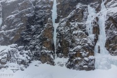 Case and Nate finally get to the base of Fossen Falls (WI5).  They were able to get to the large ledge below the partially broken curtain.