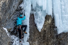 Case leading the scant ice on the left.  Luckily a bolt below the narrow pillar protected it well.