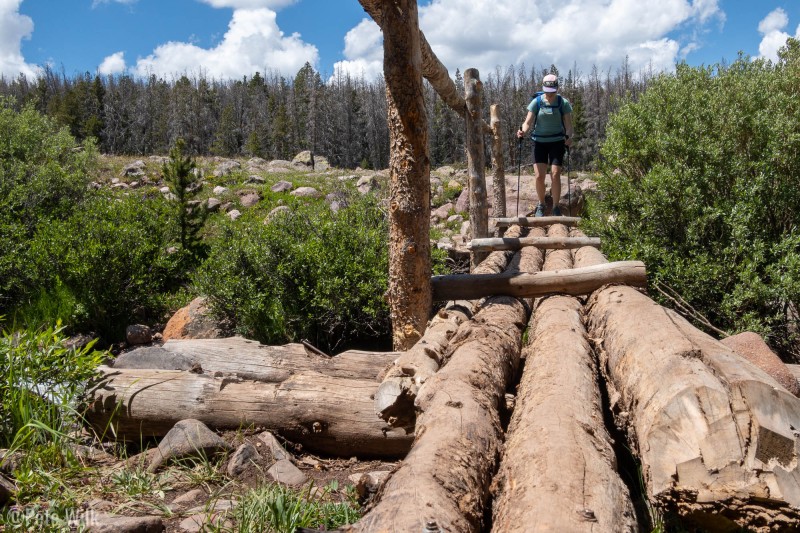 Our hike in was a little less than 8 miles.  For the most part the trail was easy, though rocky in spots.  No creek crossings that were difficult.  This one had a good bridge.