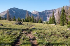 Morning of our summit day.  King's Peak is the sunny, pointed peak in the center of the frame.  The trail goes up just off frame to the of the closer peak.