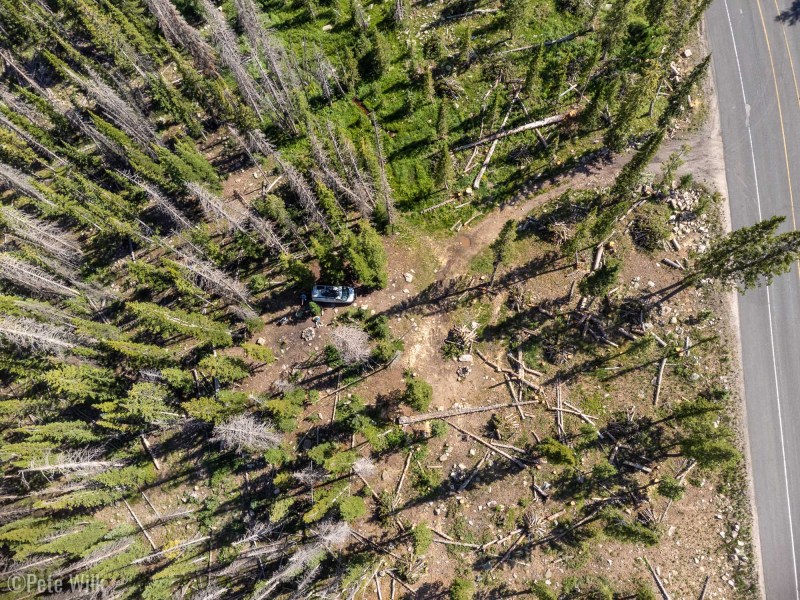 View from above and our campsite.  We've camped here a few times before.  The USFS is clearing dead trees within a distance from the highway and changing the character of much of the dispersed camping.