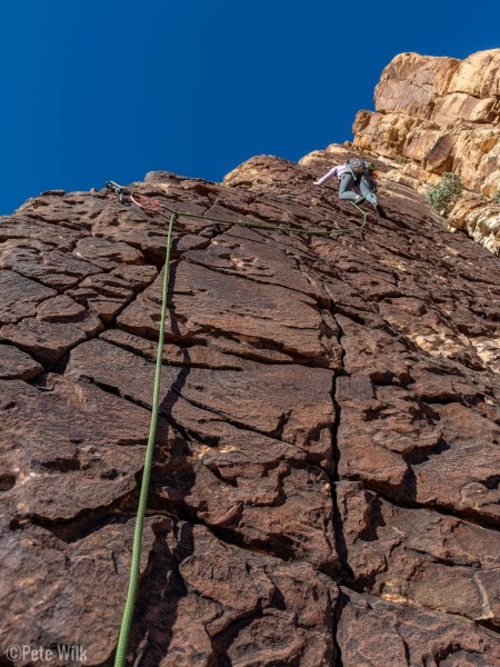 Carly heading up some dinosaur like plates on the climb Prime Rib (5.7).