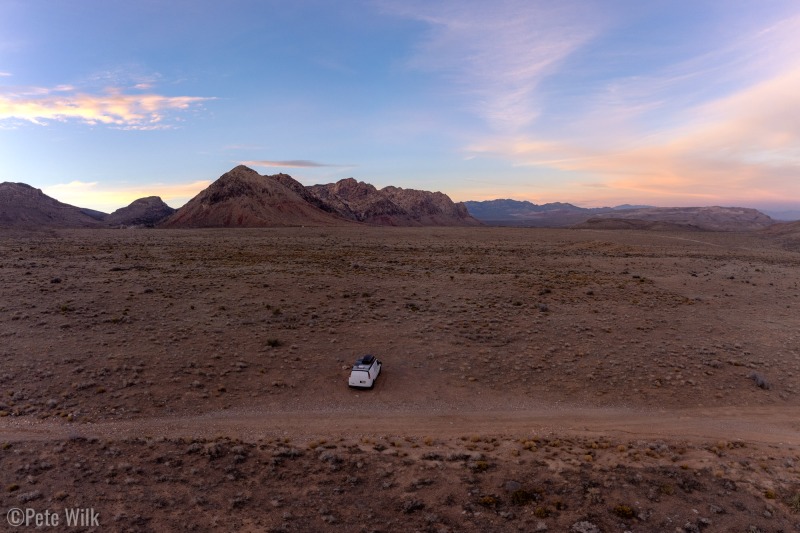 Sunset from the drone with a view of our camping spot and the beautiful mountains of Red Rocks.