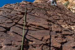 Carly heading up some dinosaur like plates on the climb Prime Rib (5.7).
