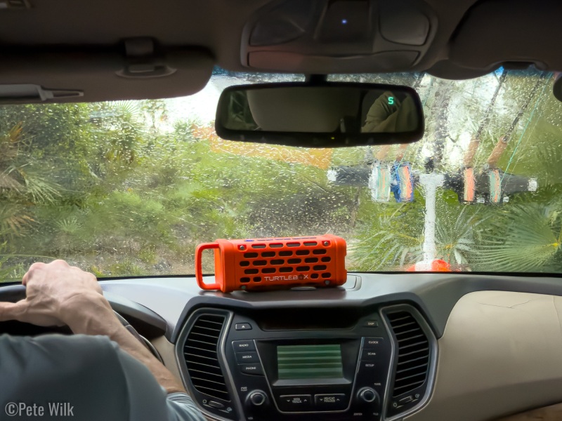 The rental car’s stereo was long since dead, but we never without tunes from the Turtlebox.  Kyle’s DIY travel rod holder was clutch.  The wipers where total shite.