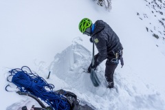 Pit digging in the gully for a avy forecast video.